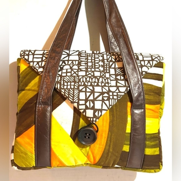 Handmade Handbags - Handmade Multicolor Geometric Patterned Women's Bag with leather strap & trim
